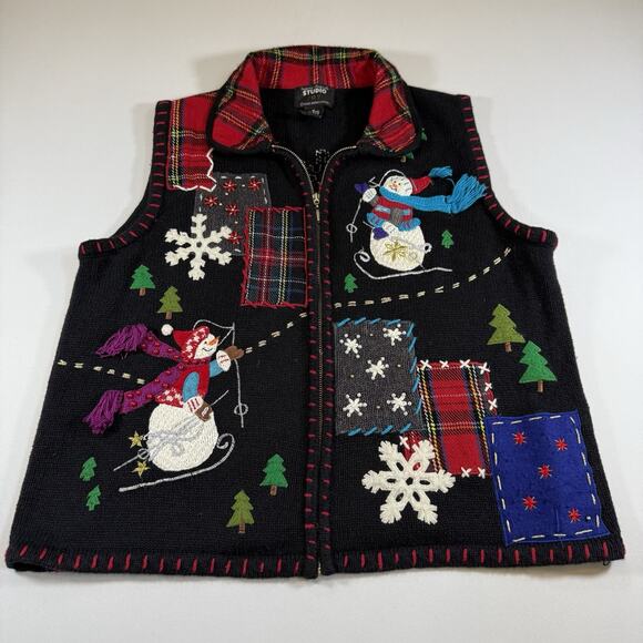Vintage 00s Christmas Zip Sweater Vest Ugly Granny Sweater Snowman Black Wms M - Picture 1 of 10